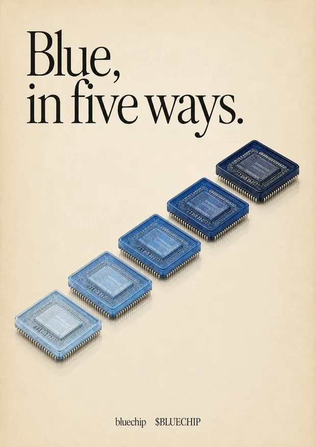 Print ad. Blue, in five ways.